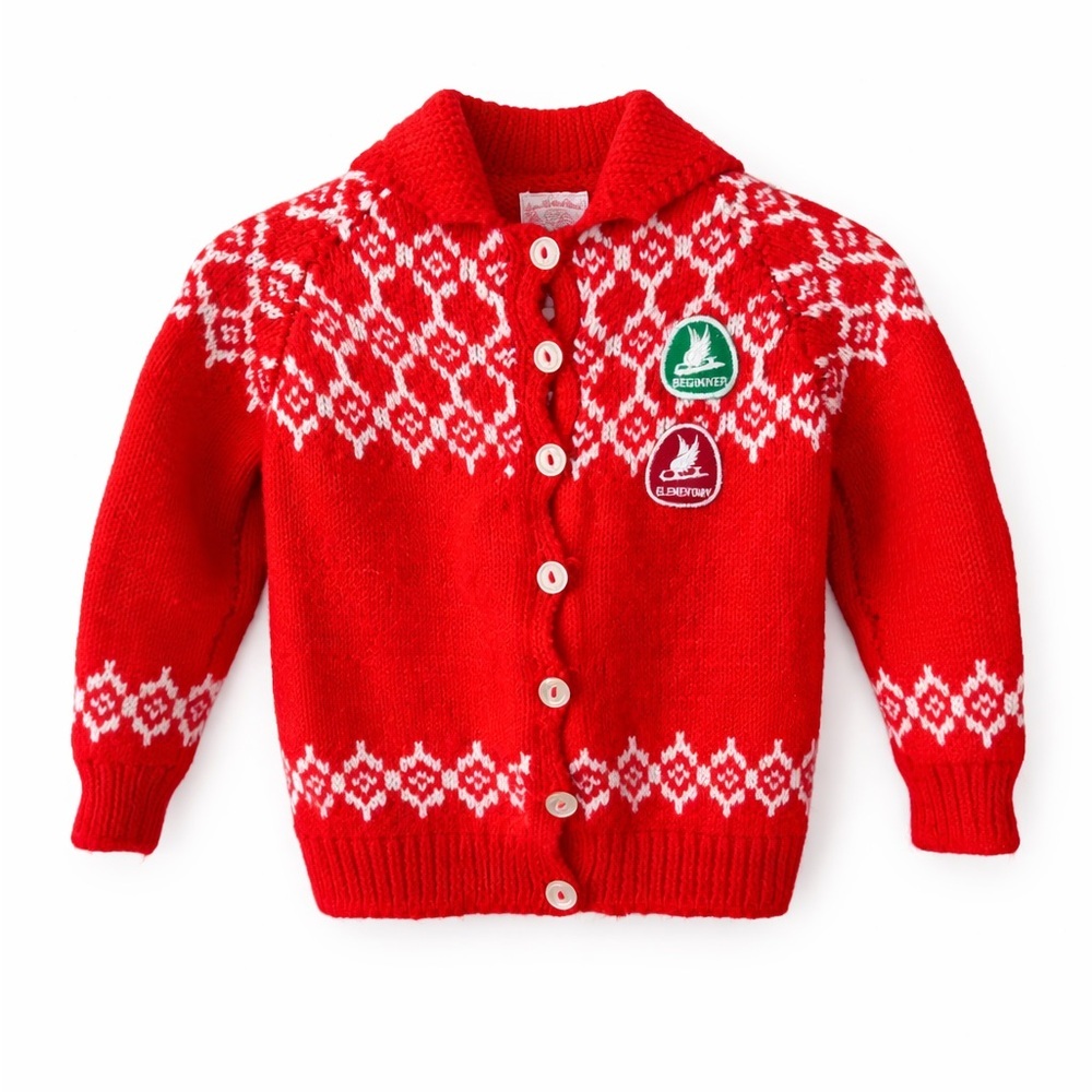 Vintage 60s/70s Handmade Nordic Cardigan Sweater Red Skating Badges Child 4T-5T